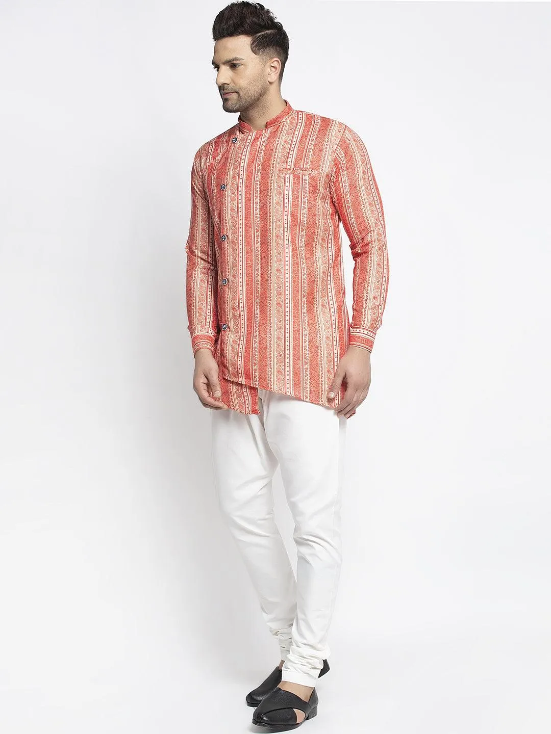 Men's Orange & Beige Printed Short Kurta With White Pyjama - Benstoke