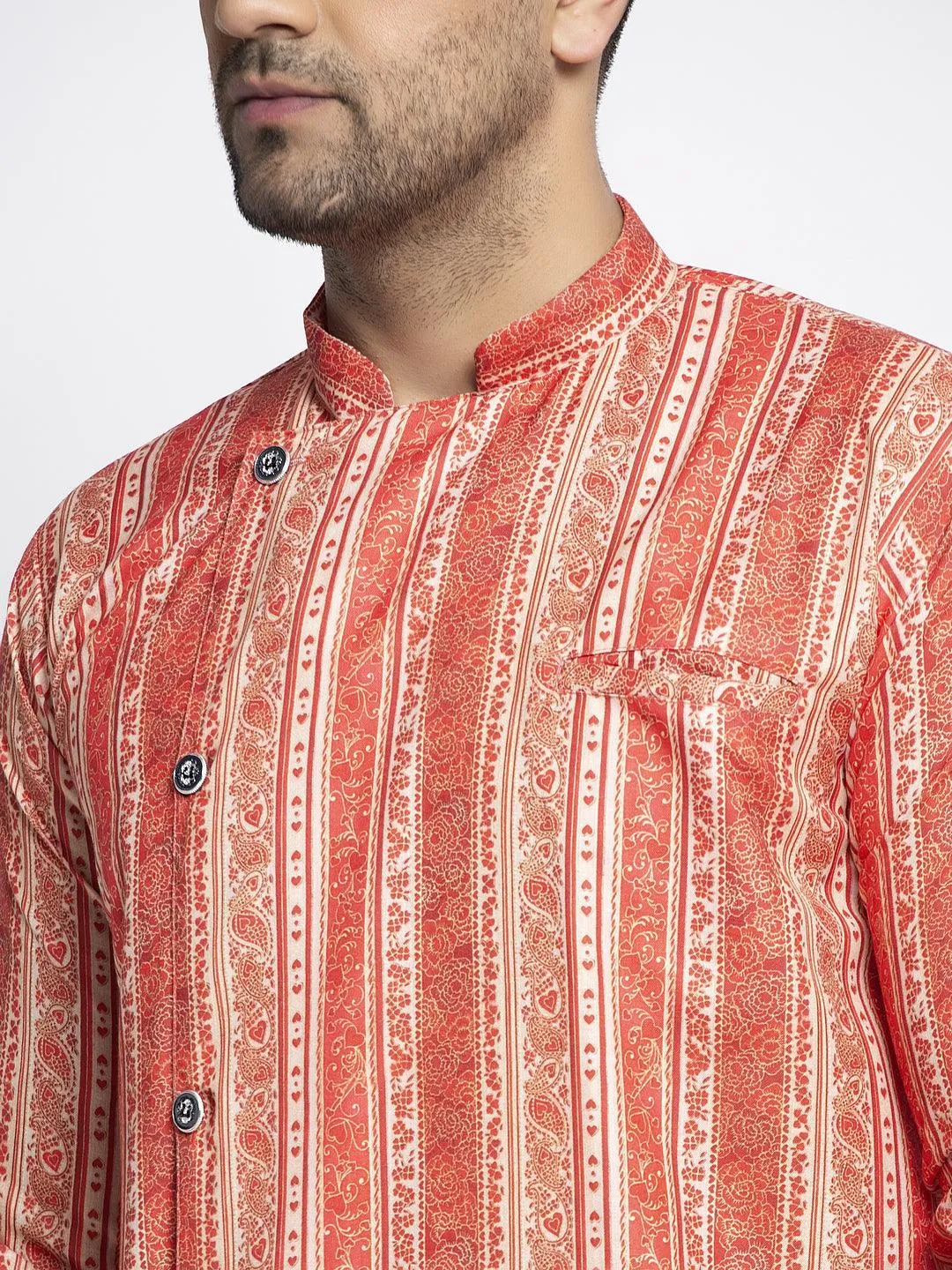 Men's Orange & Beige Printed Short Kurta With White Pyjama - Benstoke