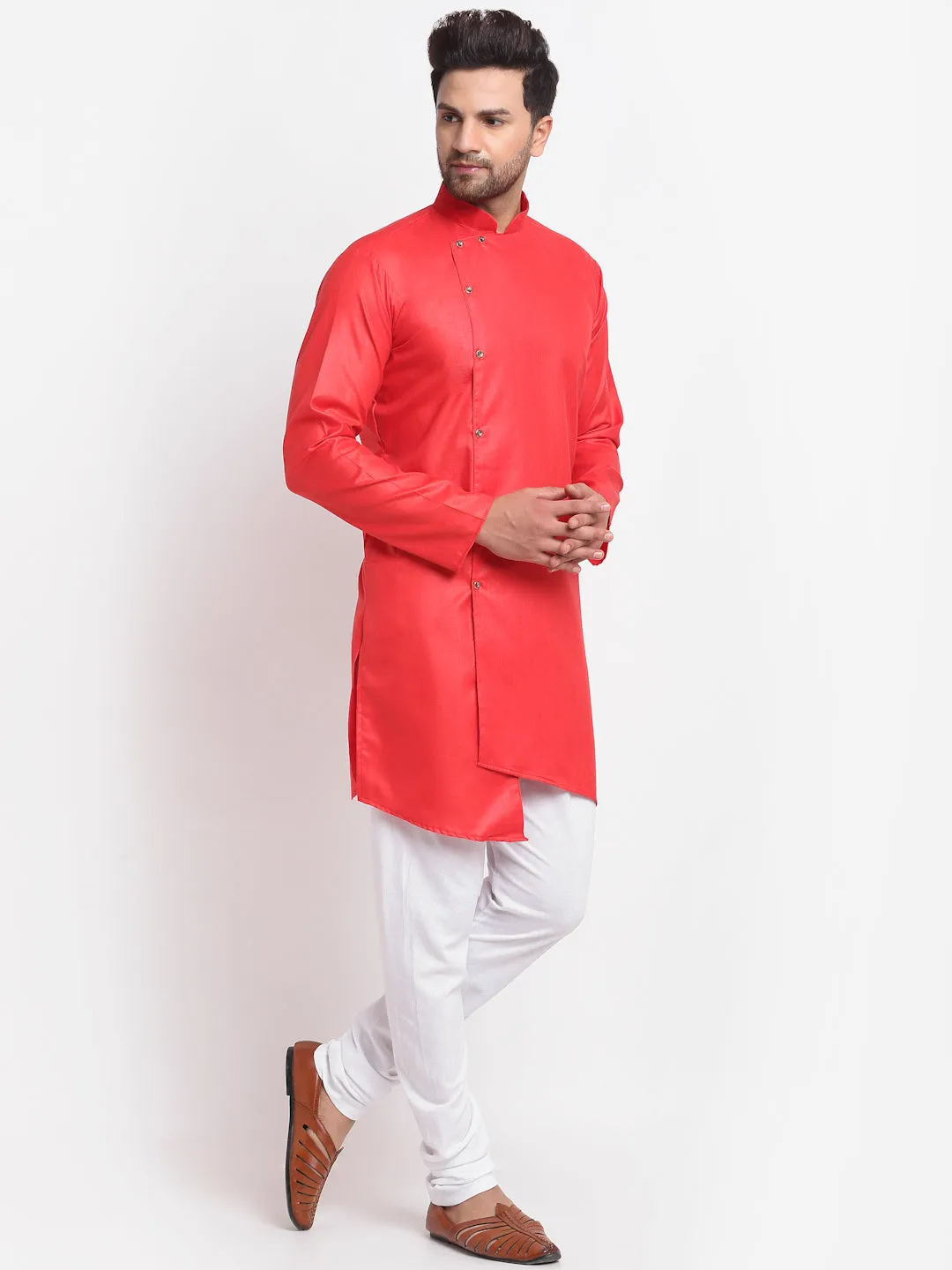 Men's Red Solid Angrakha Kurta With White Churidaar Pyjama - Benstoke