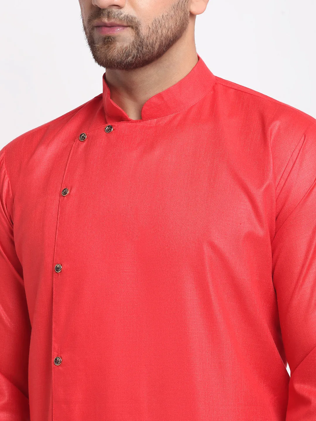 Men's Red Solid Angrakha Kurta With White Churidaar Pyjama - Benstoke