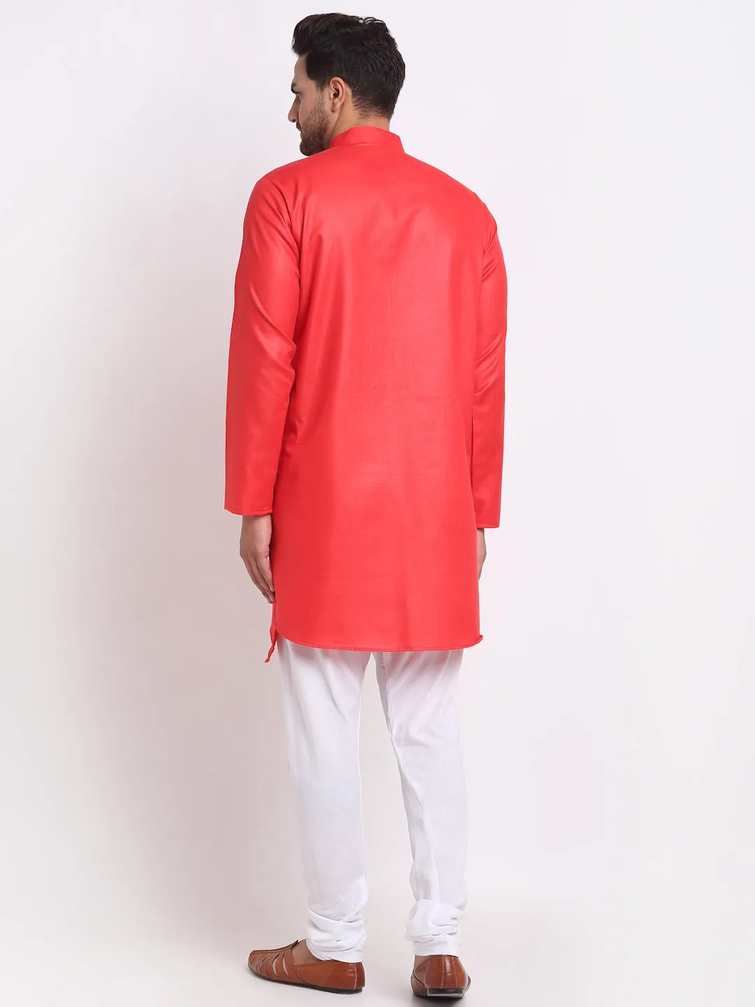 Men's Red Solid Angrakha Kurta With White Churidaar Pyjama - Benstoke