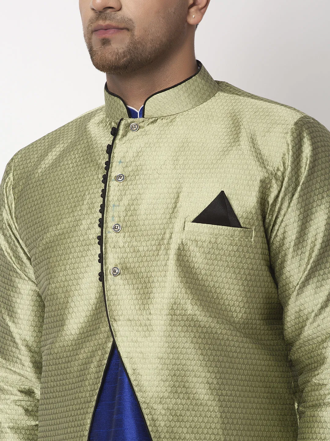 Men's Royal Blue Kurta With Pyjama & Beige Self Design Jacket - Benstoke