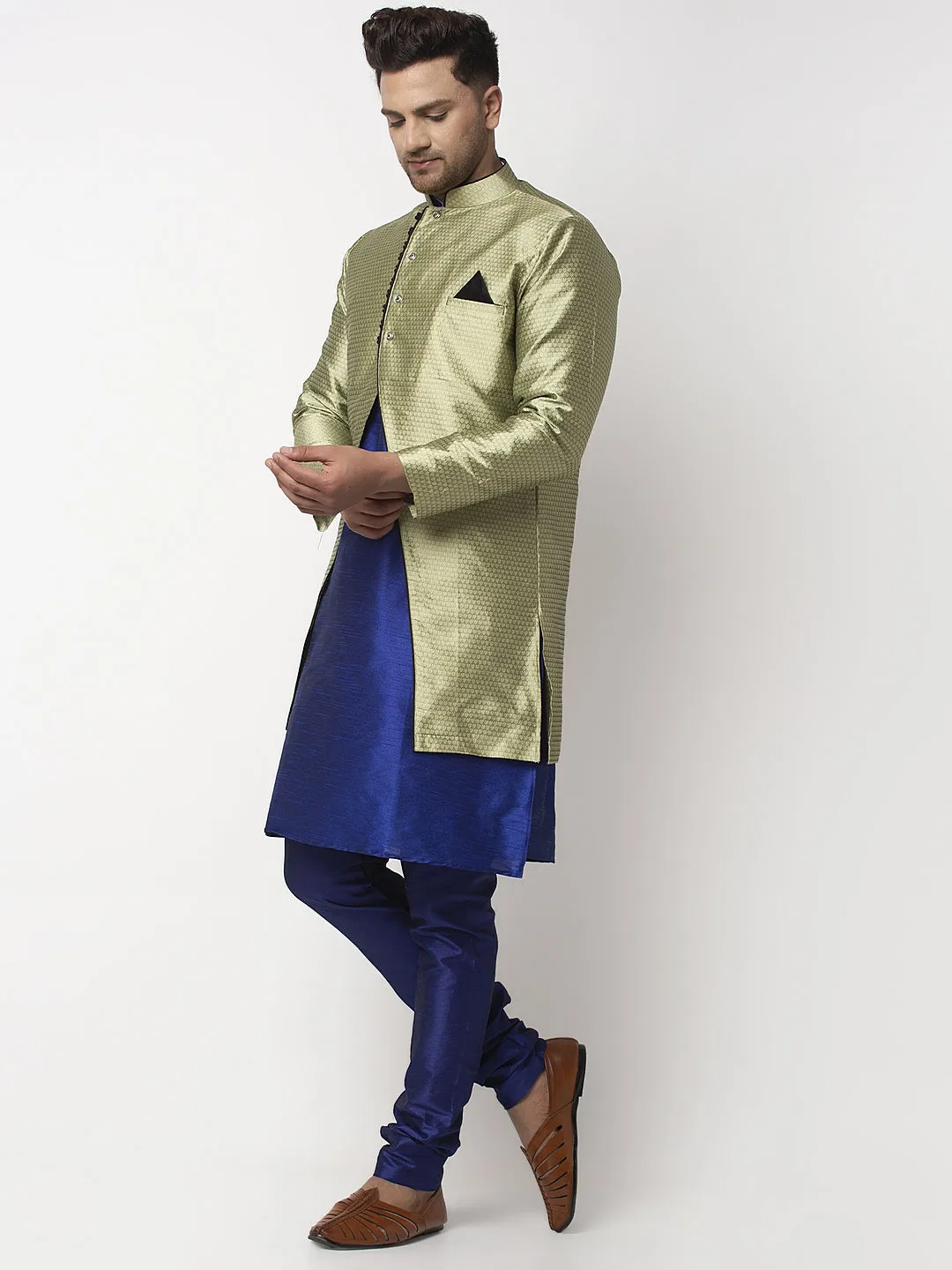 Men's Royal Blue Kurta With Pyjama & Beige Self Design Jacket - Benstoke