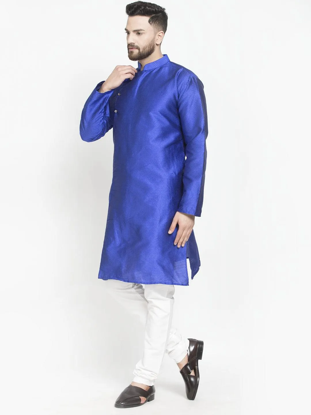 Men's Royal Blue Self Design Kurta With White Churidaar Pyjama - Benstoke