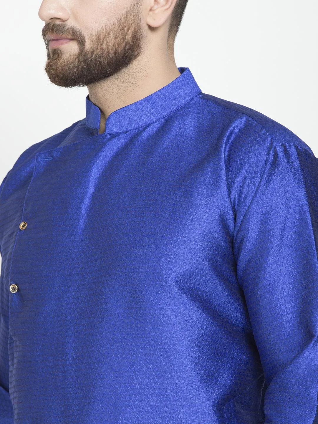 Men's Royal Blue Self Design Kurta With White Churidaar Pyjama - Benstoke