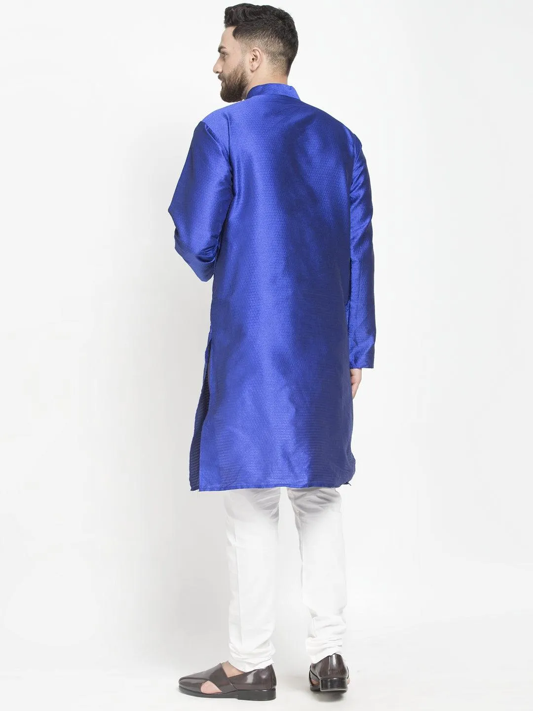 Men's Royal Blue Self Design Kurta With White Churidaar Pyjama - Benstoke