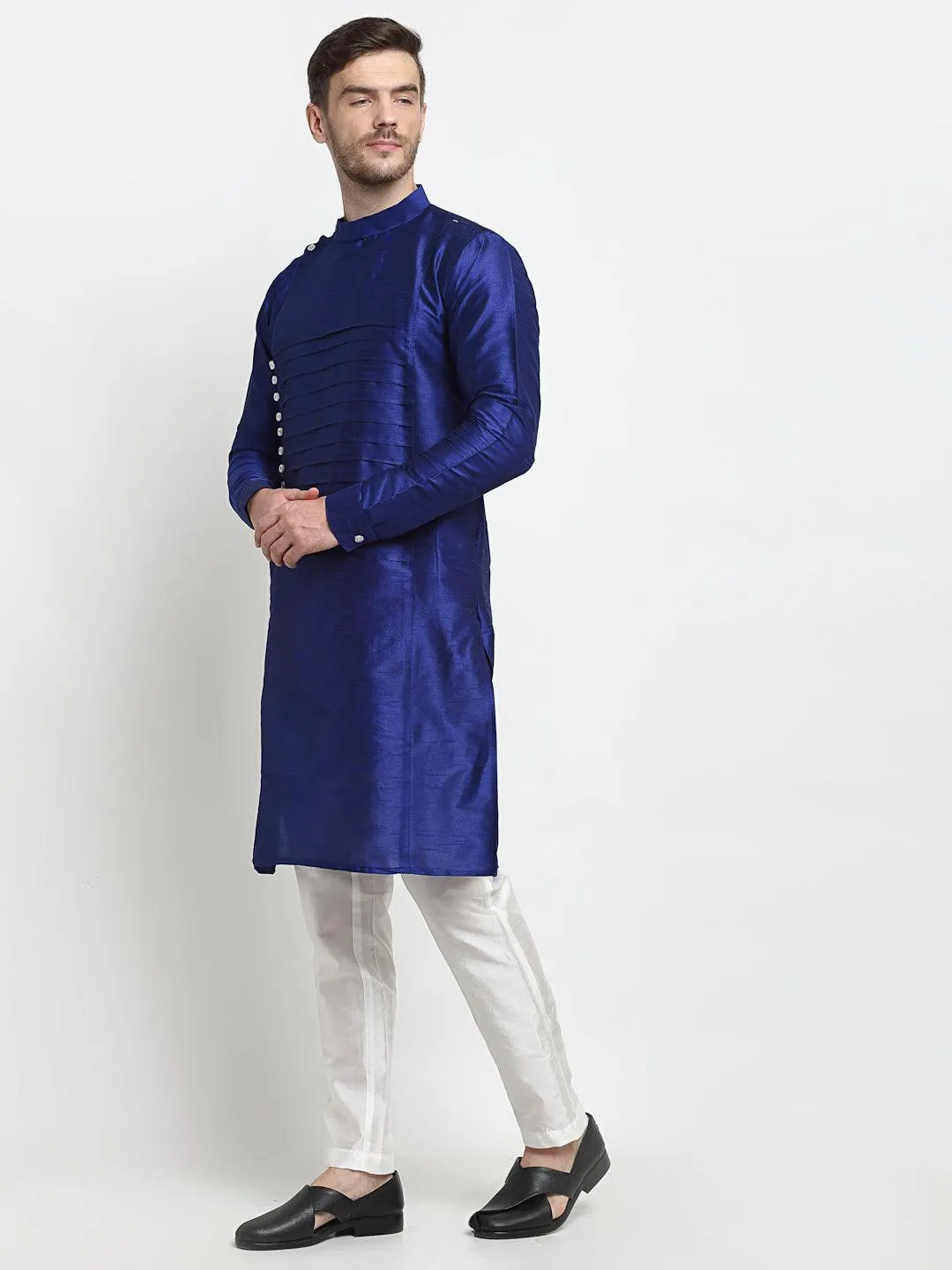 Men's Royal Blue Solid Kurta With Churidaar Pyjama - Benstoke