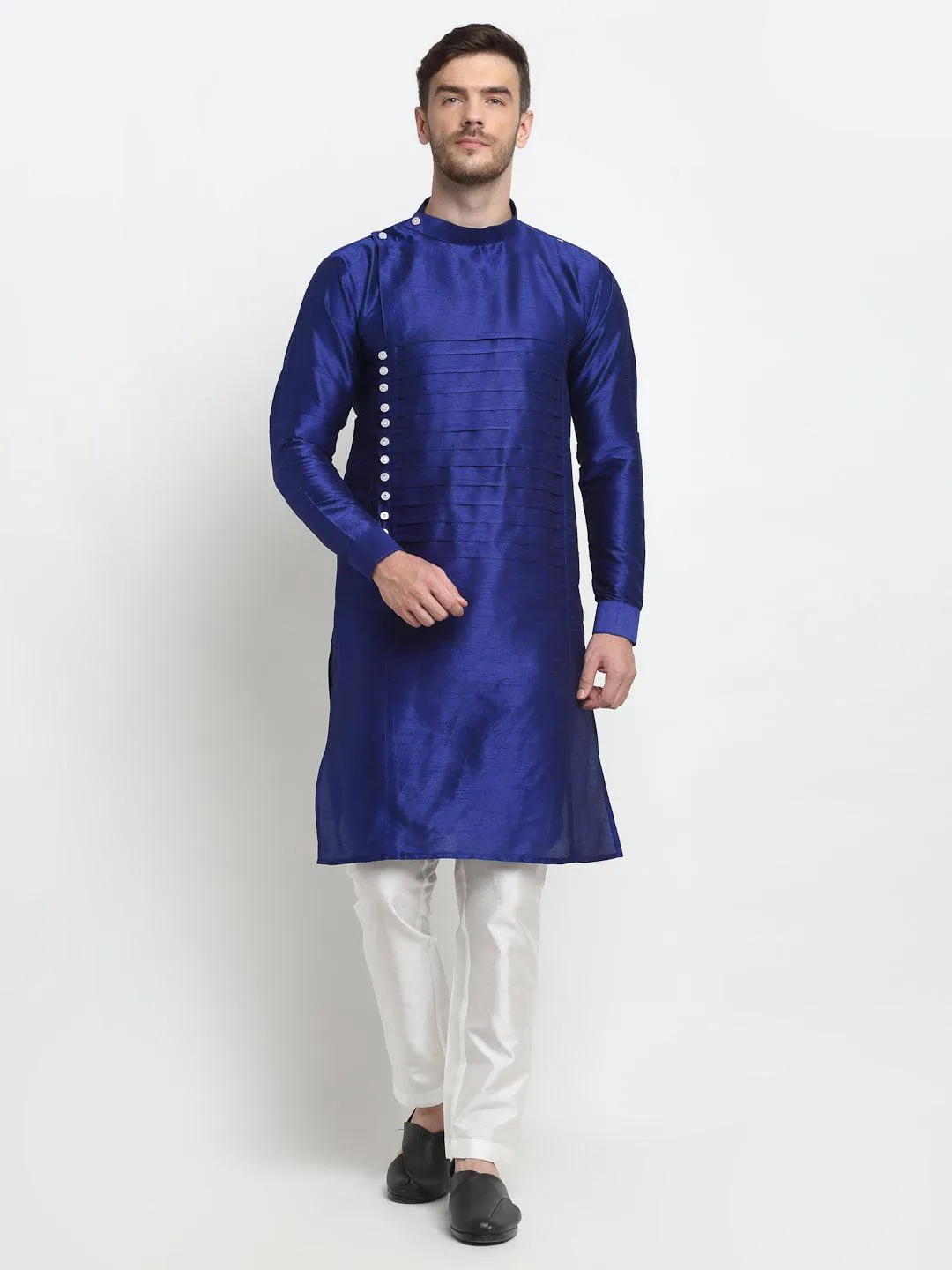 Men's Royal Blue Solid Kurta With Churidaar Pyjama - Benstoke