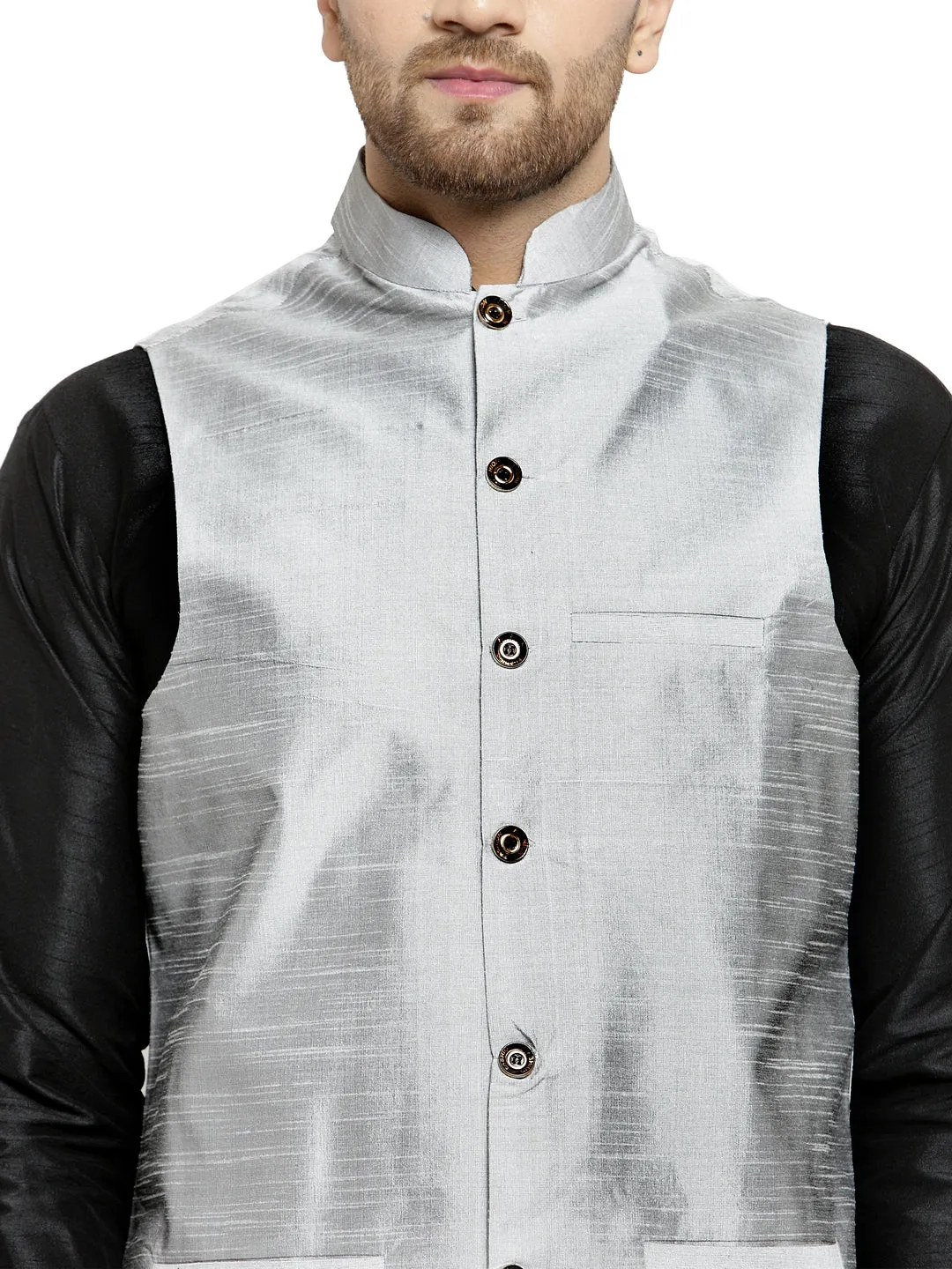 Men's Silk Blend Black Kurta With Pyjama & Grey Nehru Jacket - Benstoke