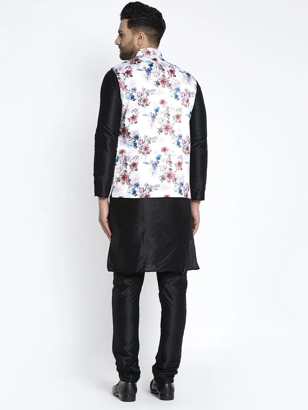 Men's Silk Blend Black Kurta With Pyjama & White Printed Nehru Jacket - Benstoke