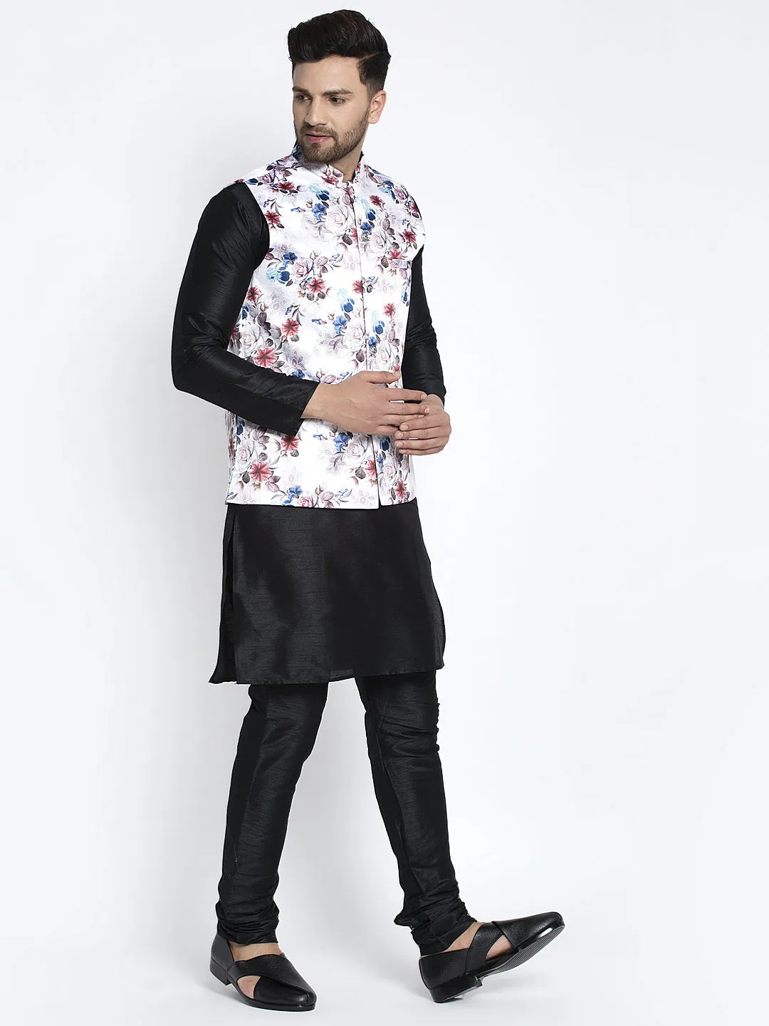 Men's Silk Blend Black Kurta With Pyjama & White Printed Nehru Jacket - Benstoke