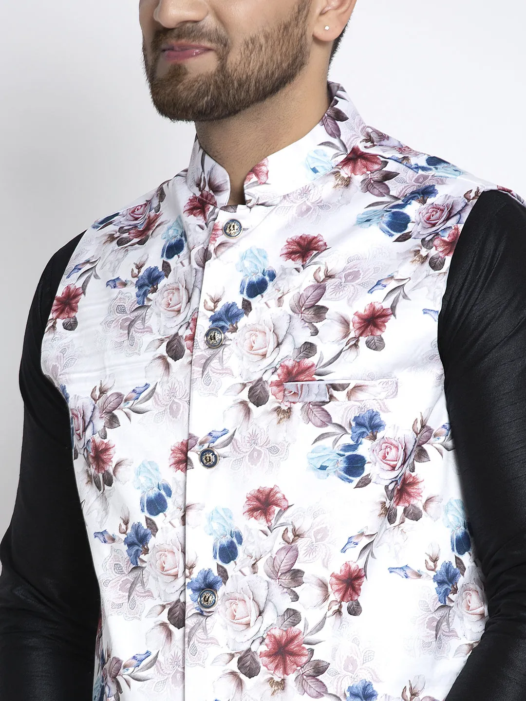 Men's Silk Blend Black Kurta With Pyjama & White Printed Nehru Jacket - Benstoke