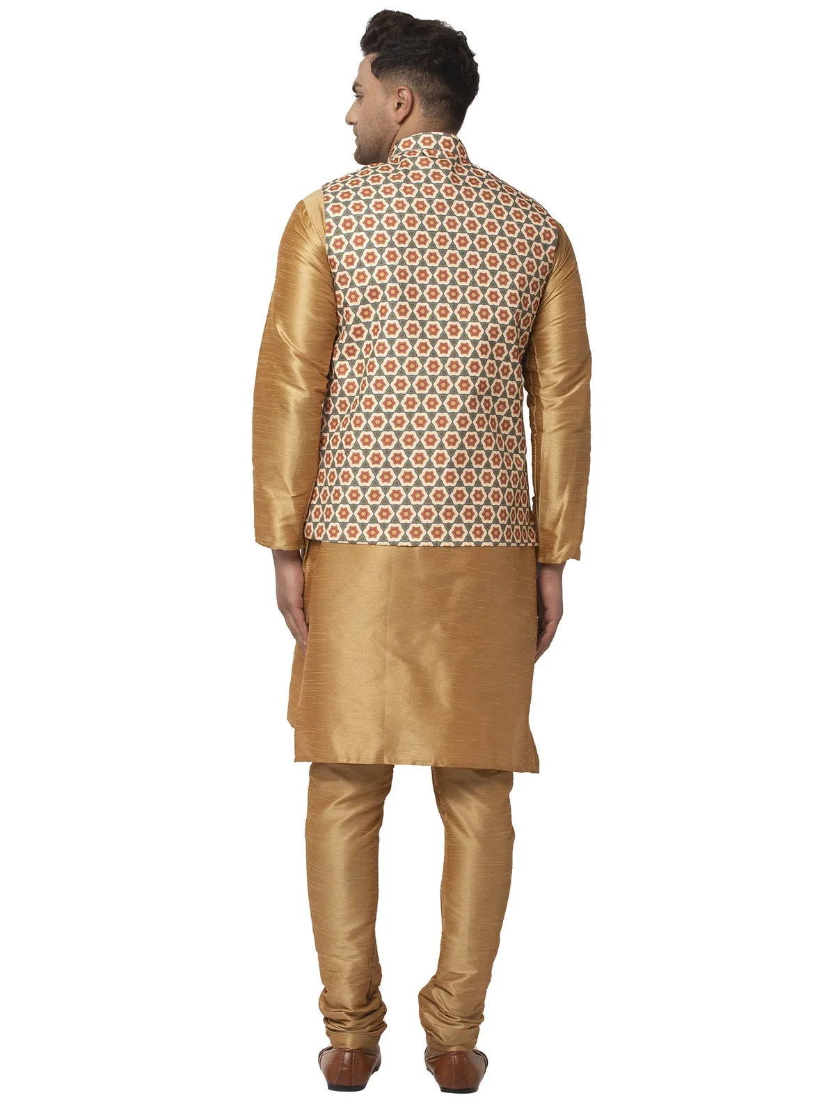 Men's Silk Blend Copper Kurta With Pyjama & Olive Green Printed Nehru Jacket - Benstoke