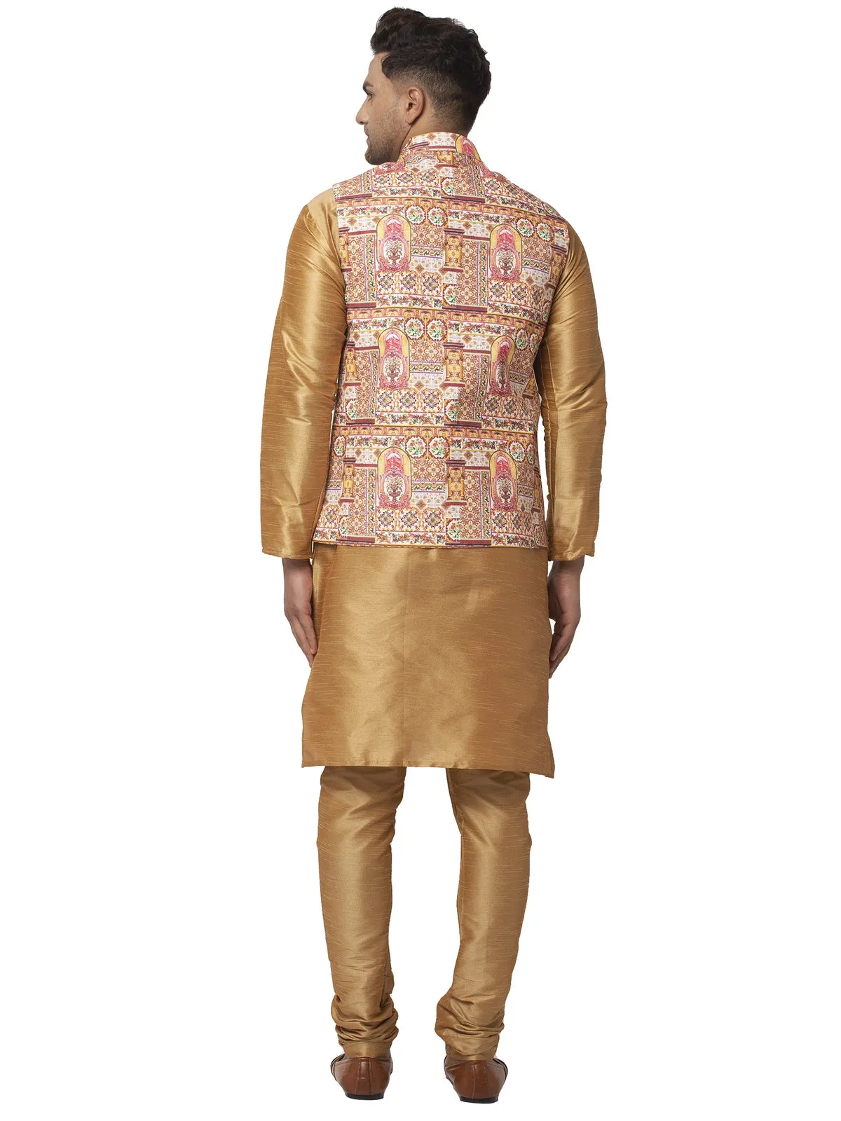 Men's Silk Blend Copper Kurta With Pyjama & Yellow Printed Nehru Jacket - Benstoke