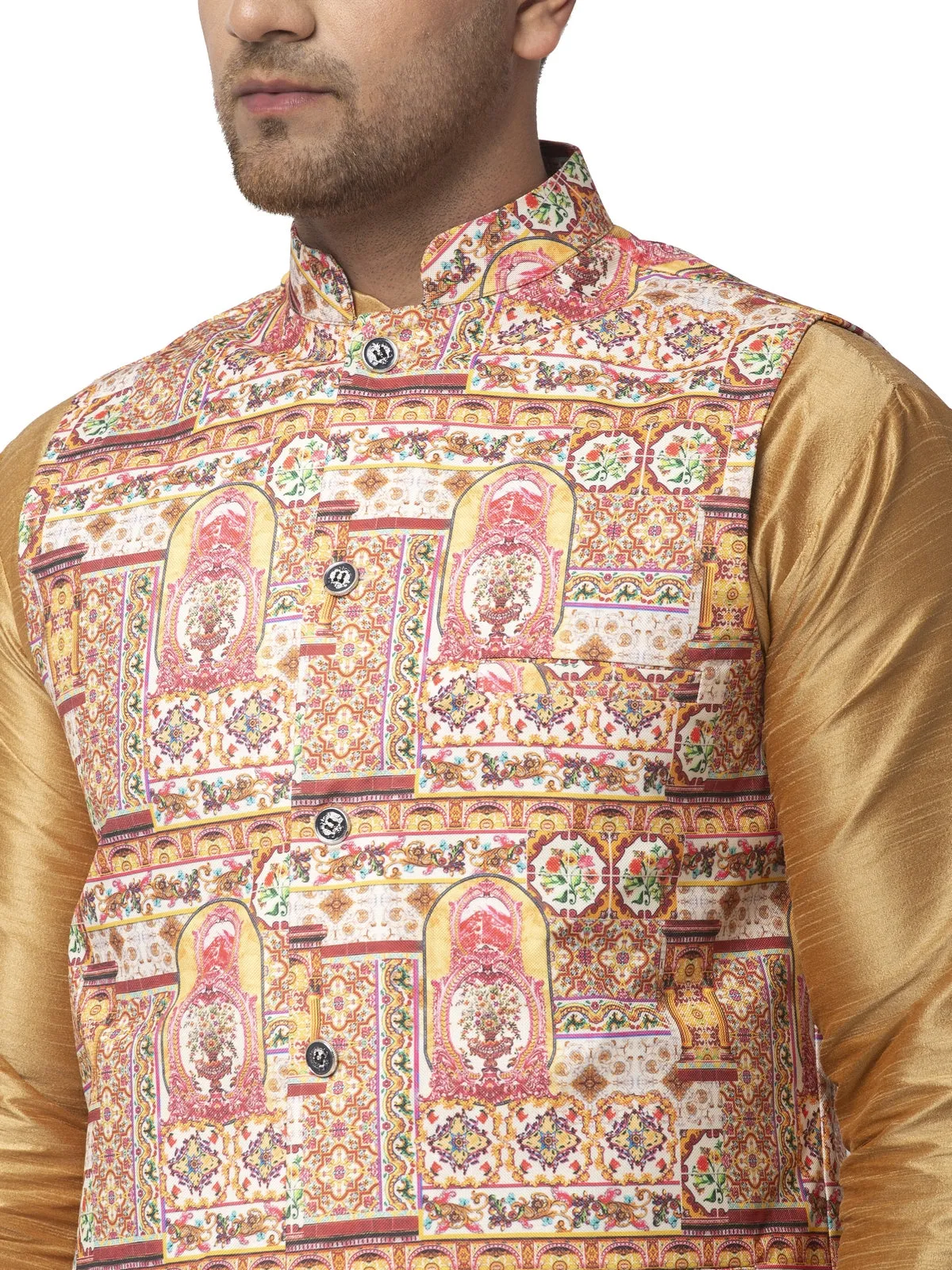 Men's Silk Blend Copper Kurta With Pyjama & Yellow Printed Nehru Jacket - Benstoke