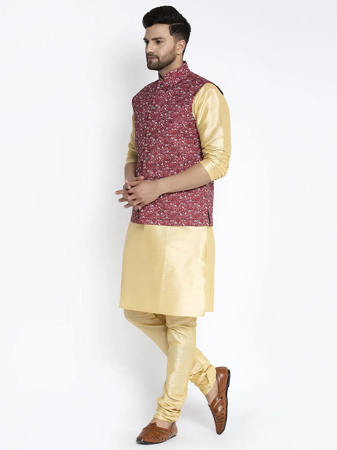 Men's Silk Blend Gold Kurta With Pyjama & Maroon Printed Nehru Jacket - Benstoke