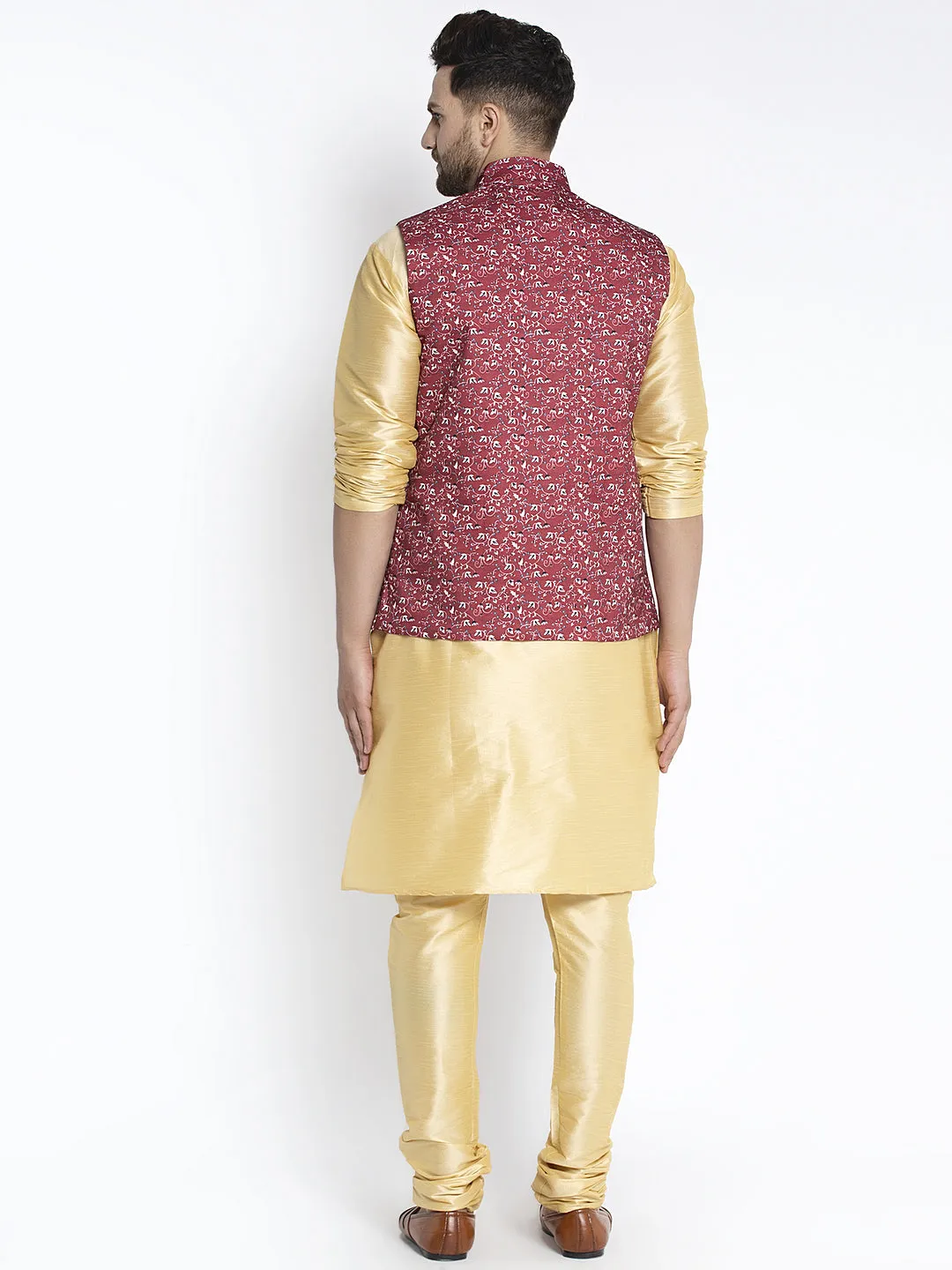 Men's Silk Blend Gold Kurta With Pyjama & Maroon Printed Nehru Jacket - Benstoke