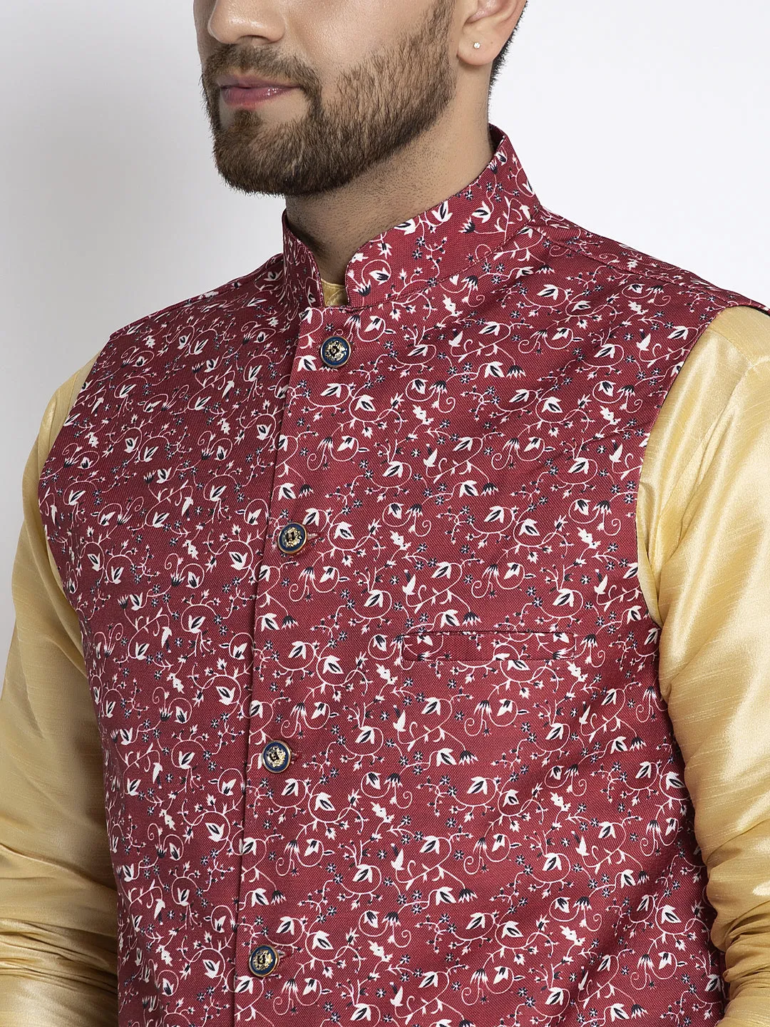 Men's Silk Blend Gold Kurta With Pyjama & Maroon Printed Nehru Jacket - Benstoke