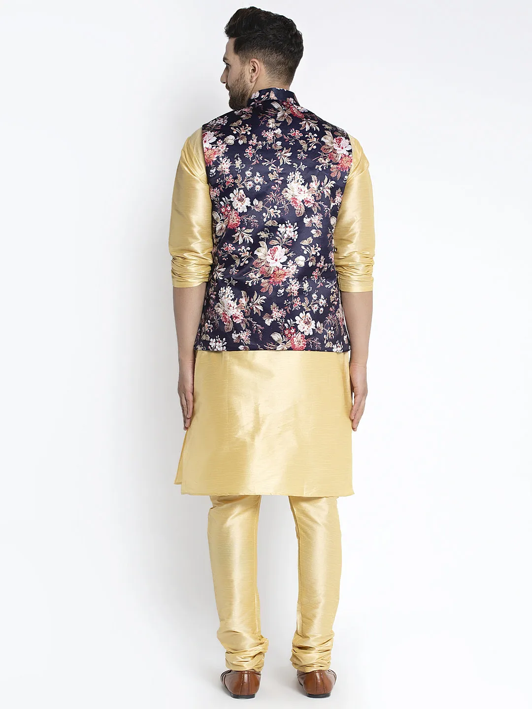 Men's Silk Blend Gold Kurta With Pyjama & Navy Blue Printed Nehru Jacket - Benstoke