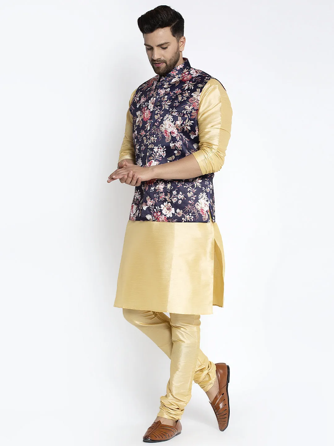 Men's Silk Blend Gold Kurta With Pyjama & Navy Blue Printed Nehru Jacket - Benstoke