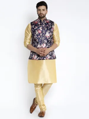 Men's Silk Blend Gold Kurta With Pyjama & Navy Blue Printed Nehru Jacket - Benstoke