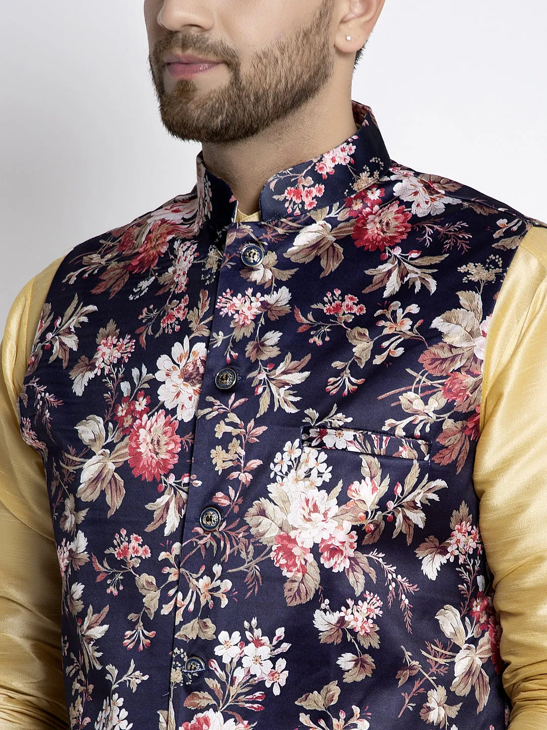 Men's Silk Blend Gold Kurta With Pyjama & Navy Blue Printed Nehru Jacket - Benstoke