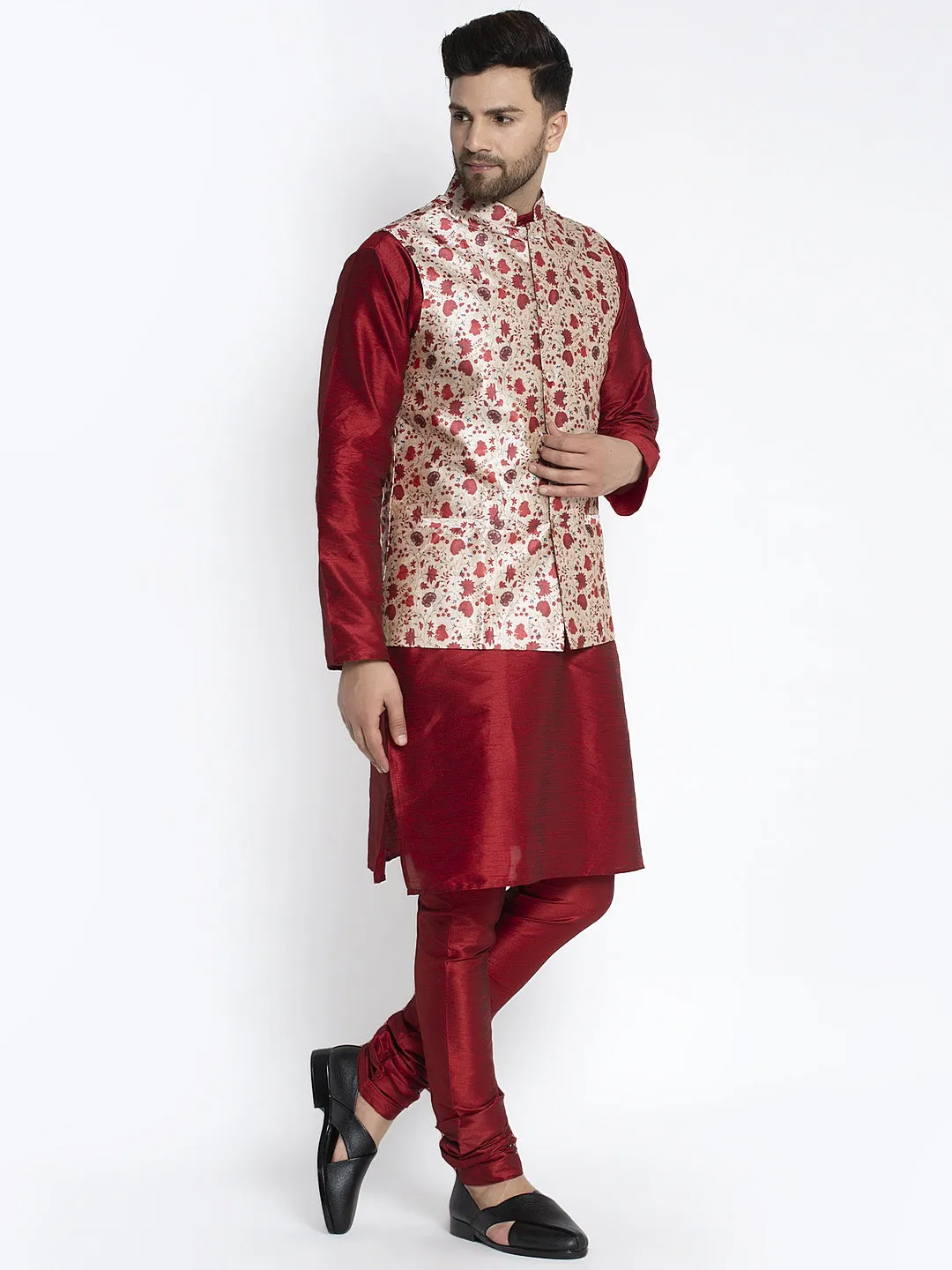 Men's Silk Blend Maroon Kurta With Pyjama & Beige Printed Nehru Jacket - Benstoke