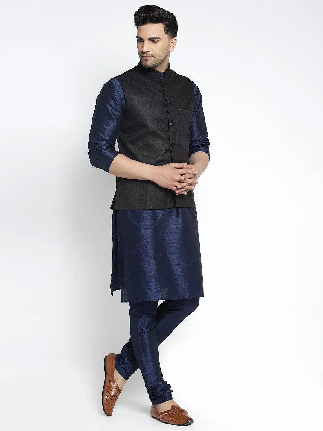 Men's Silk Blend Navy Blue Kurta With Pyjama & Black Nehru Jacket - Benstoke