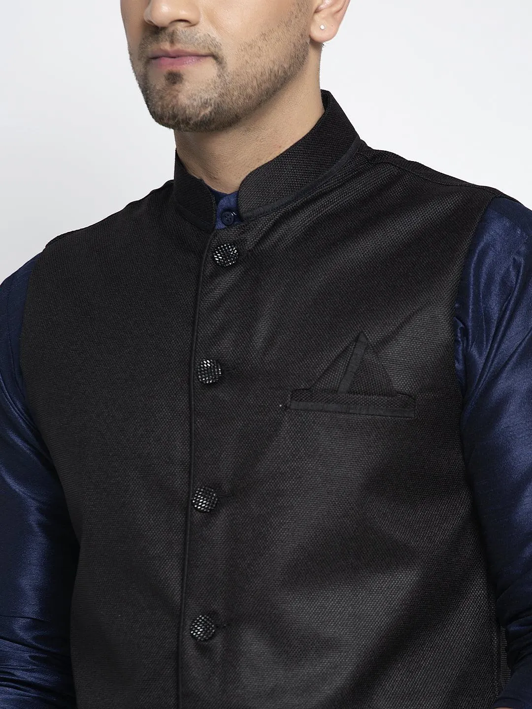 Men's Silk Blend Navy Blue Kurta With Pyjama & Black Nehru Jacket - Benstoke