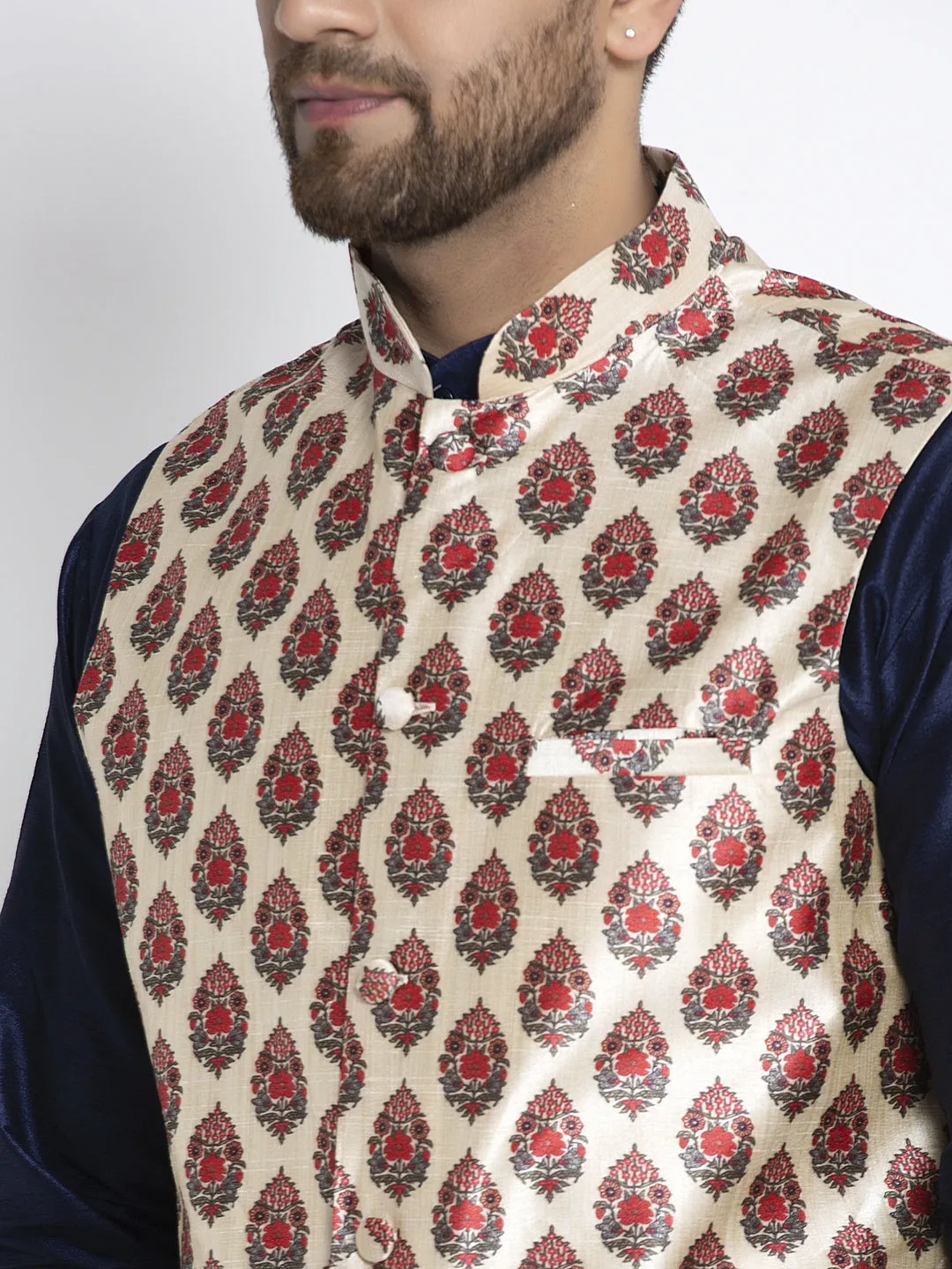 Men's Silk Blend Navy Blue Kurta With Pyjama & Cream Printed Nehru Jacket - Benstoke