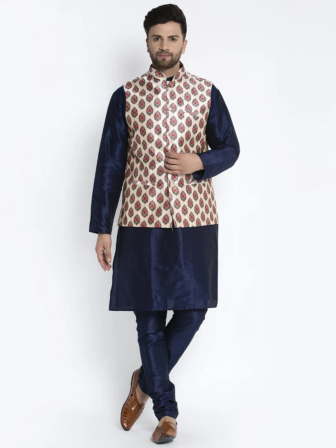 Men's Silk Blend Navy Blue Kurta With Pyjama & Cream Printed Nehru Jacket - Benstoke