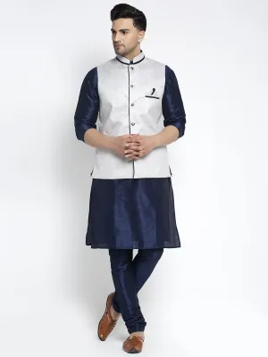 Men's Silk Blend Navy Blue Kurta With Pyjama & Grey Nehru Jacket - Benstoke