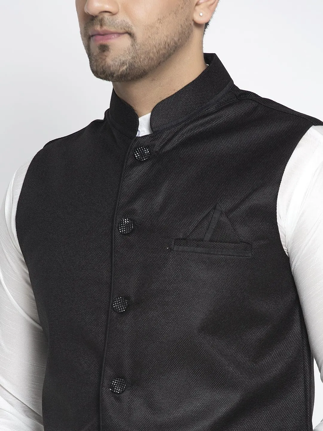 Men's Silk Blend White Kurta With Pyjama & Black Nehru Jacket - Benstoke