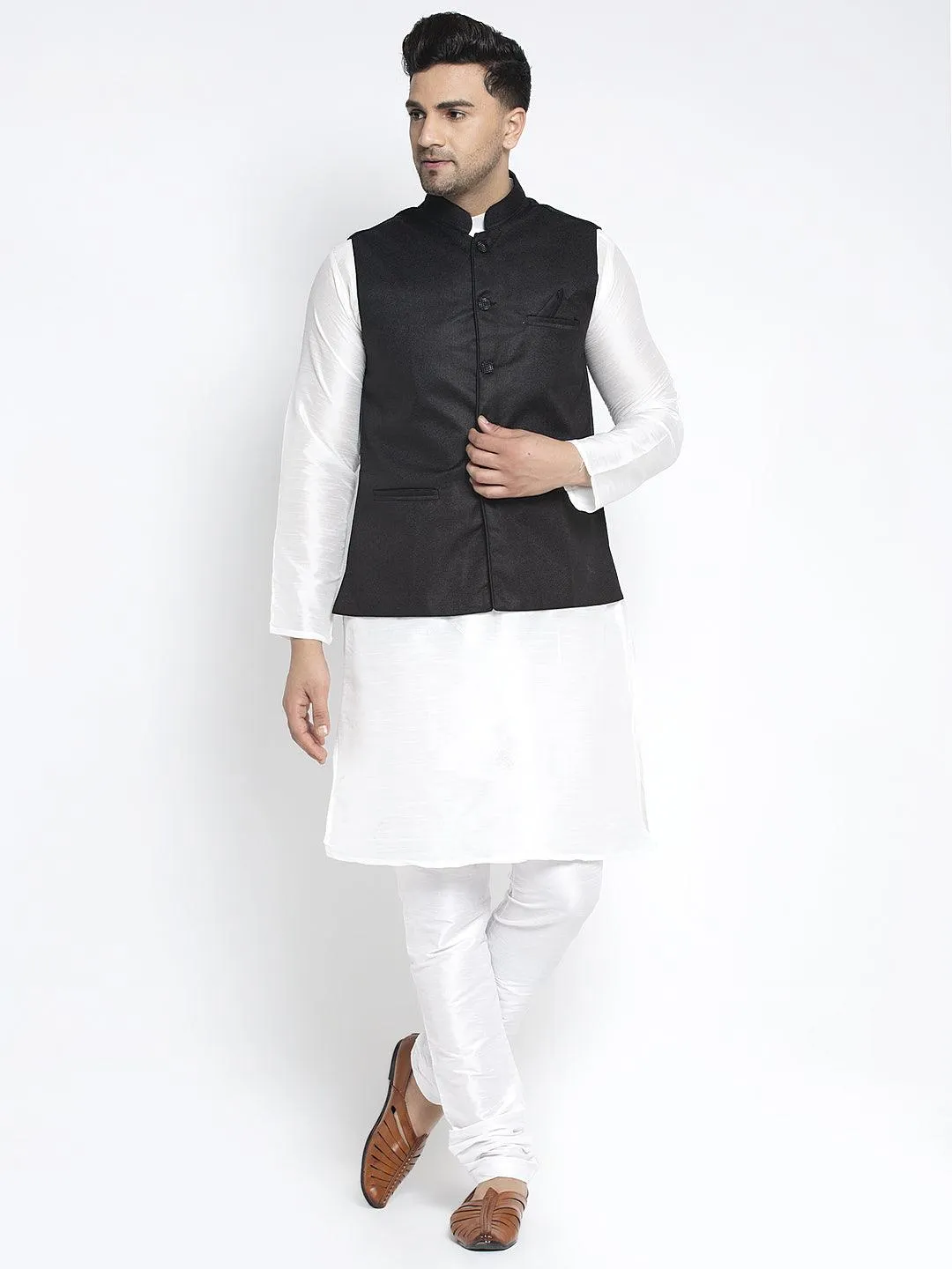 Men's Silk Blend White Kurta With Pyjama & Black Nehru Jacket - Benstoke