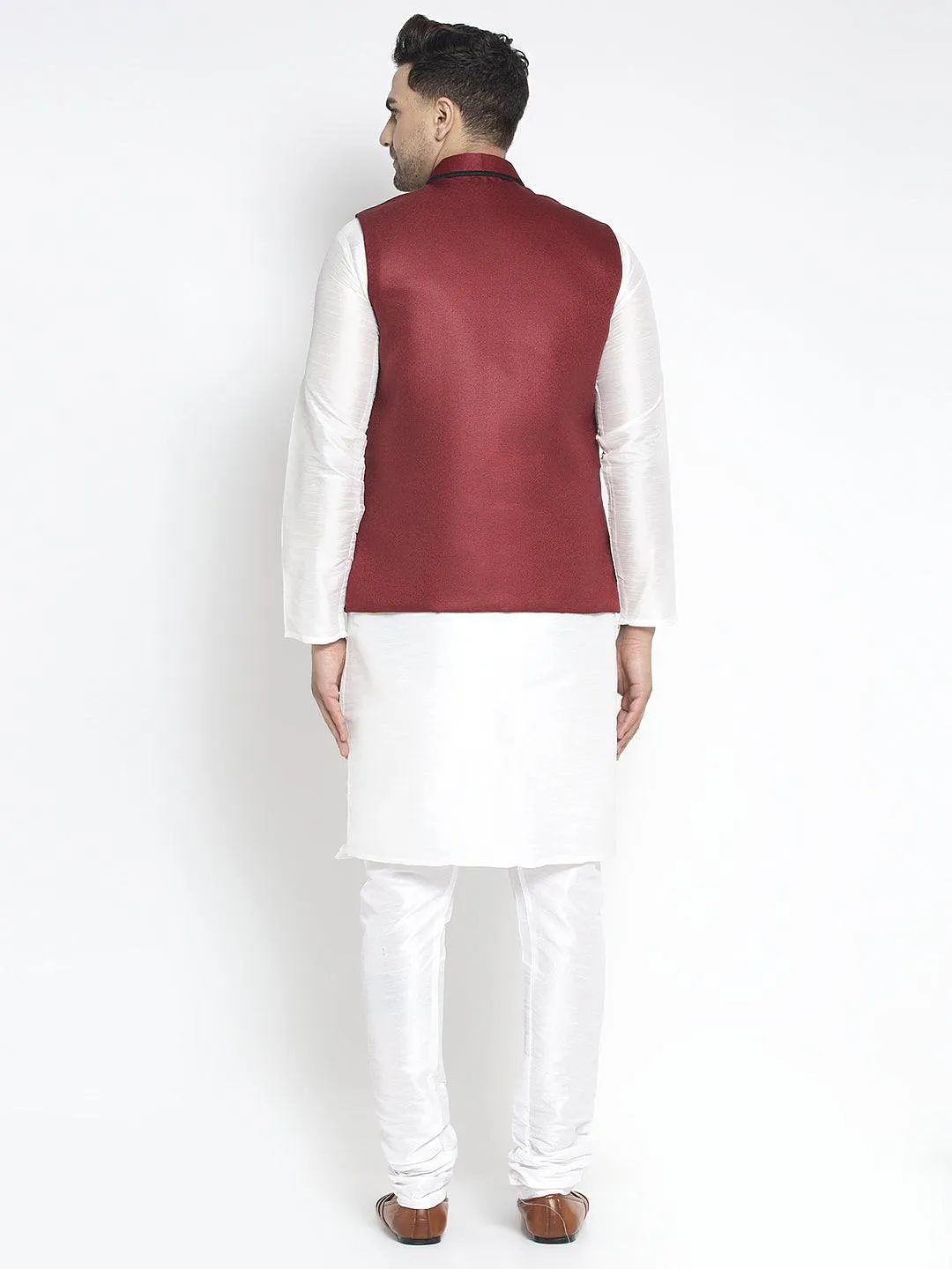 Men's Silk Blend White Kurta With Pyjama & Maroon Nehru Jacket - Benstoke