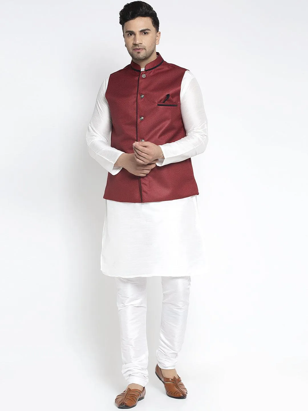 Men's Silk Blend White Kurta With Pyjama & Maroon Nehru Jacket - Benstoke