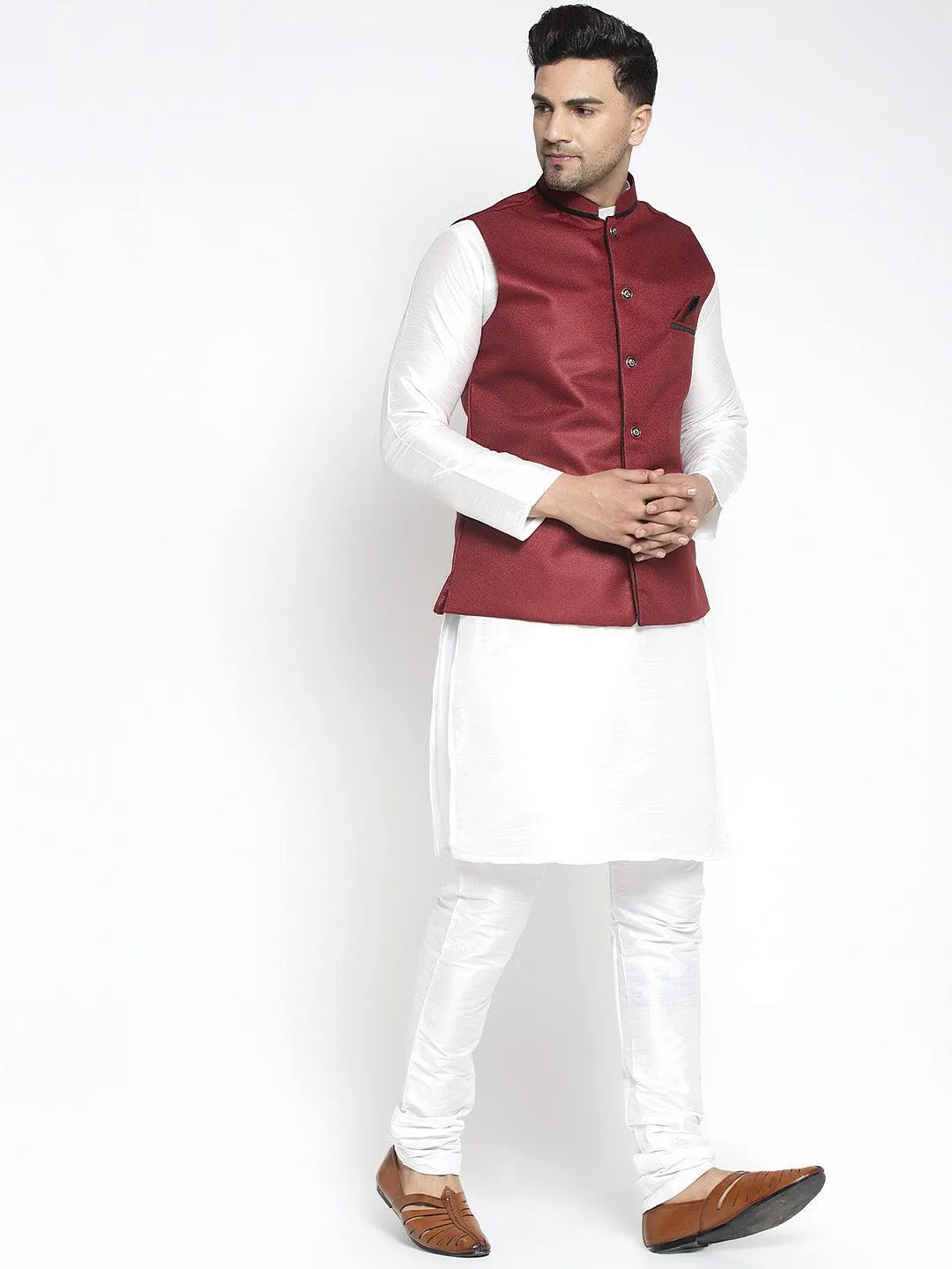 Men's Silk Blend White Kurta With Pyjama & Maroon Nehru Jacket - Benstoke