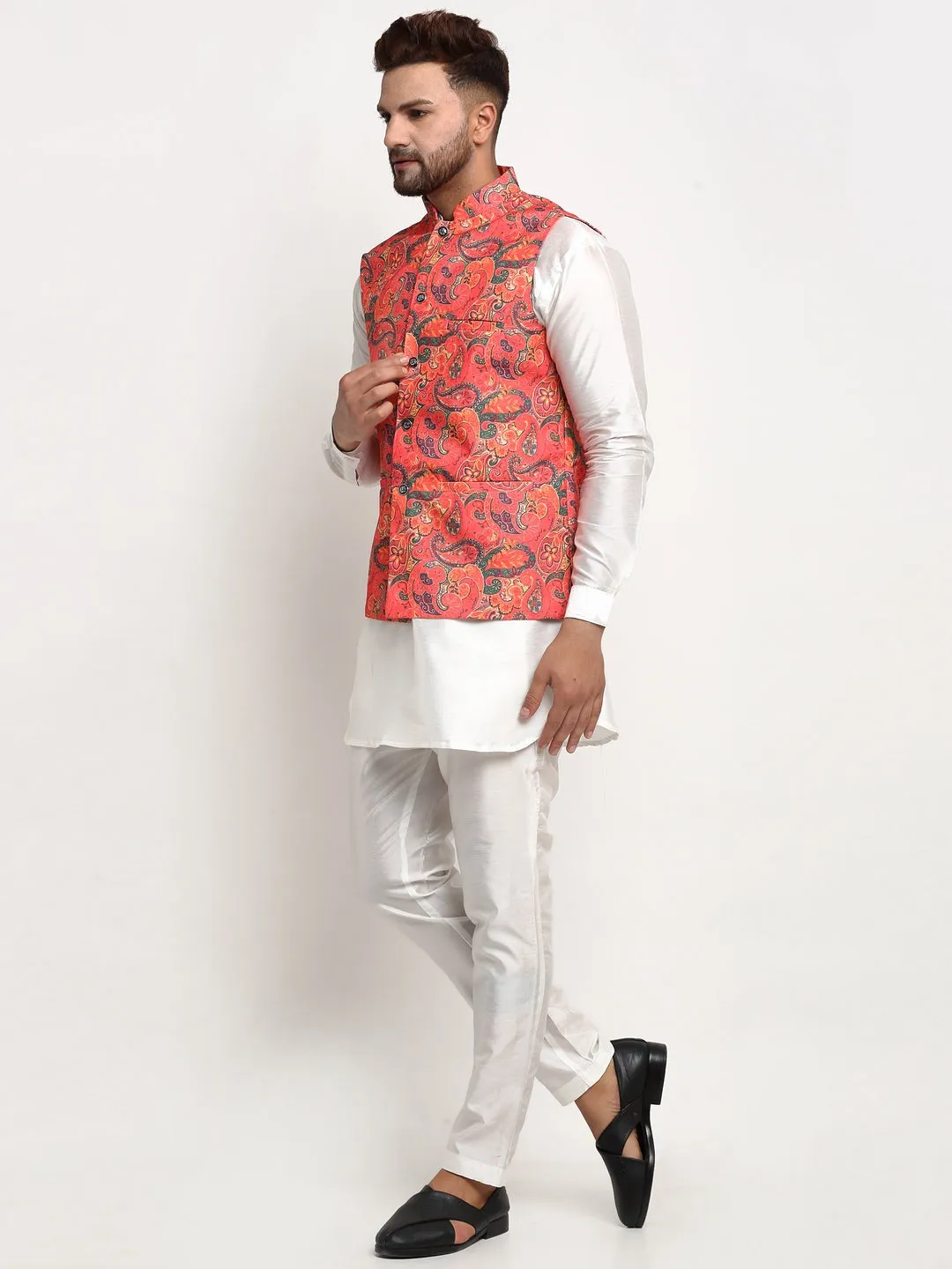 Men's Silk Blend White Kurta With Pyjama & Orange Printed Nehru Jacket - Benstoke