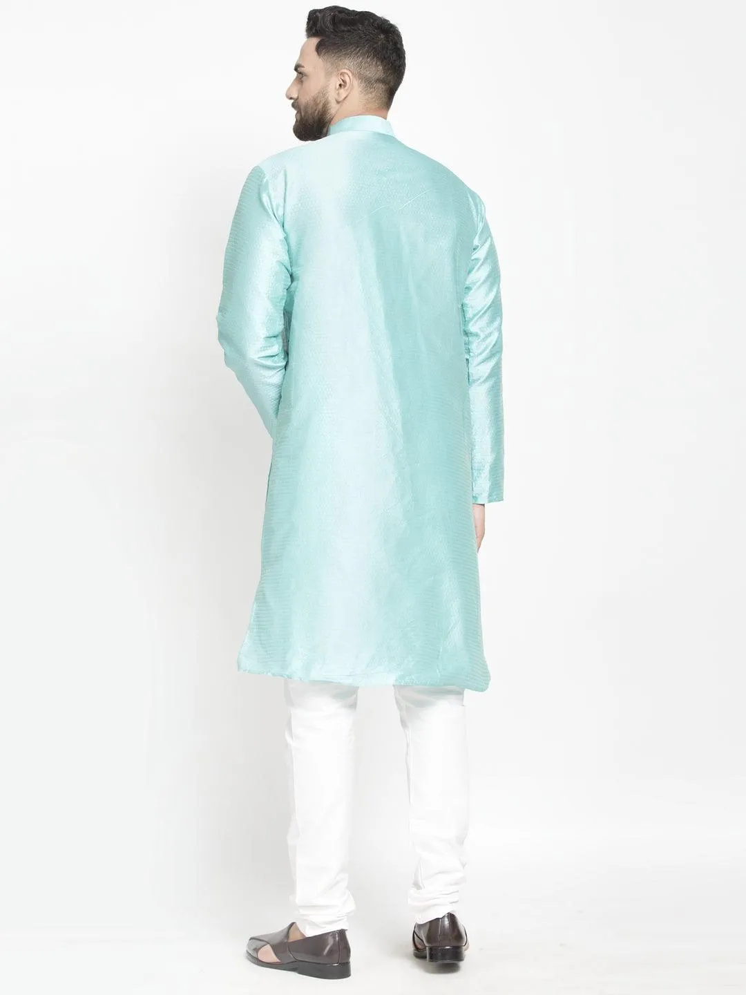 Men's Sky Blue Self Design Kurta With White Churidaar Pyjama - Benstoke