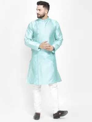 Men's Sky Blue Self Design Kurta With White Churidaar Pyjama - Benstoke