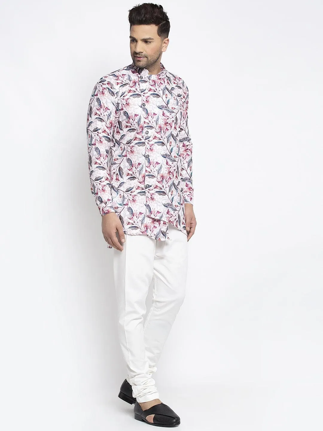 Men's White & Pink Printed Short Kurta With White Pyjama - Benstoke