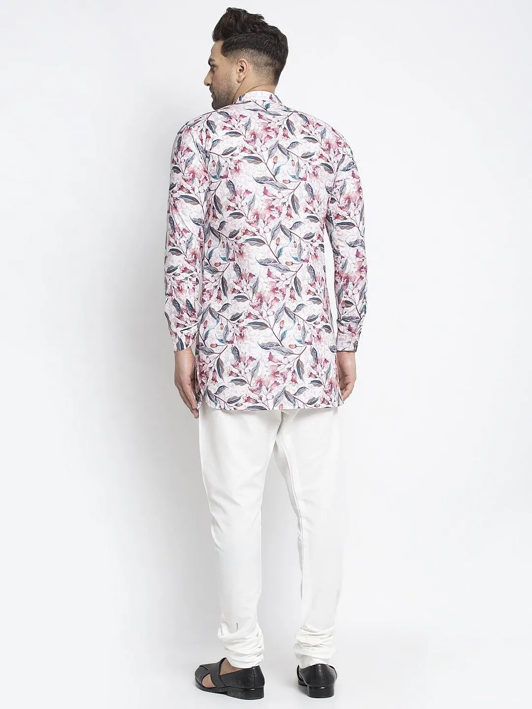 Men's White & Pink Printed Short Kurta With White Pyjama - Benstoke