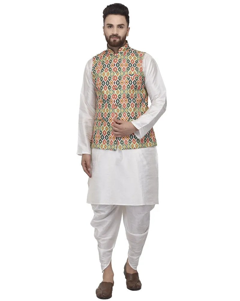 Men's White Kurta With Dhoti & Multi Printed Nehru Jacket - Benstoke