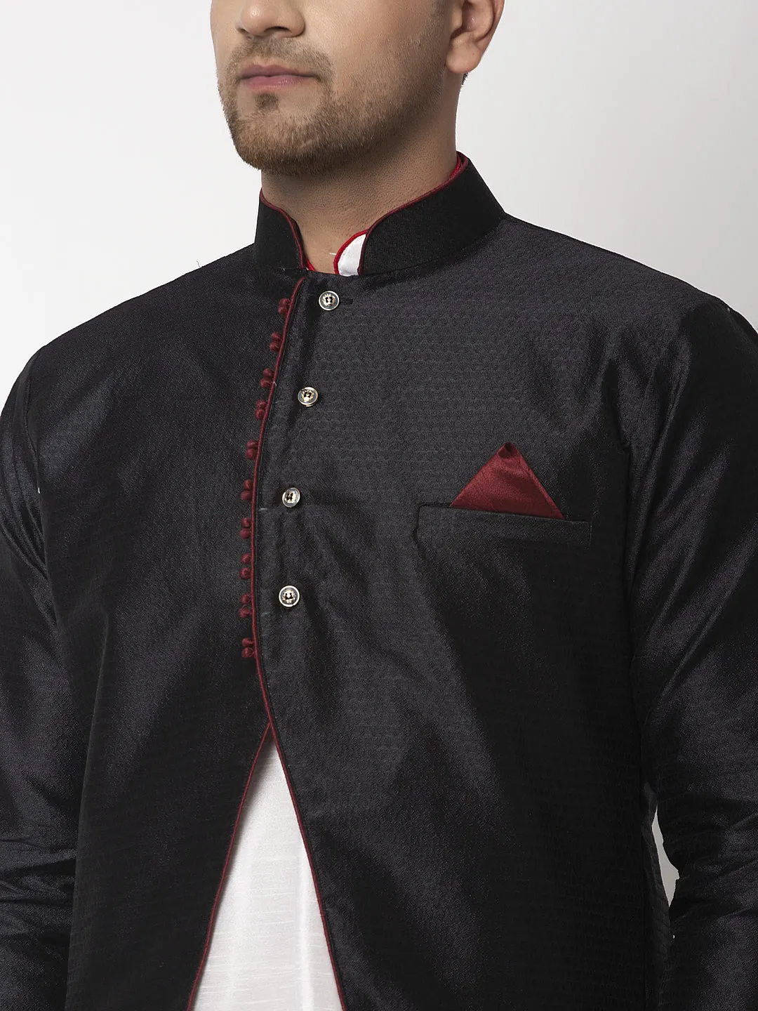 Men's White Kurta With Pyjama & Black Self Design Jacket - Benstoke