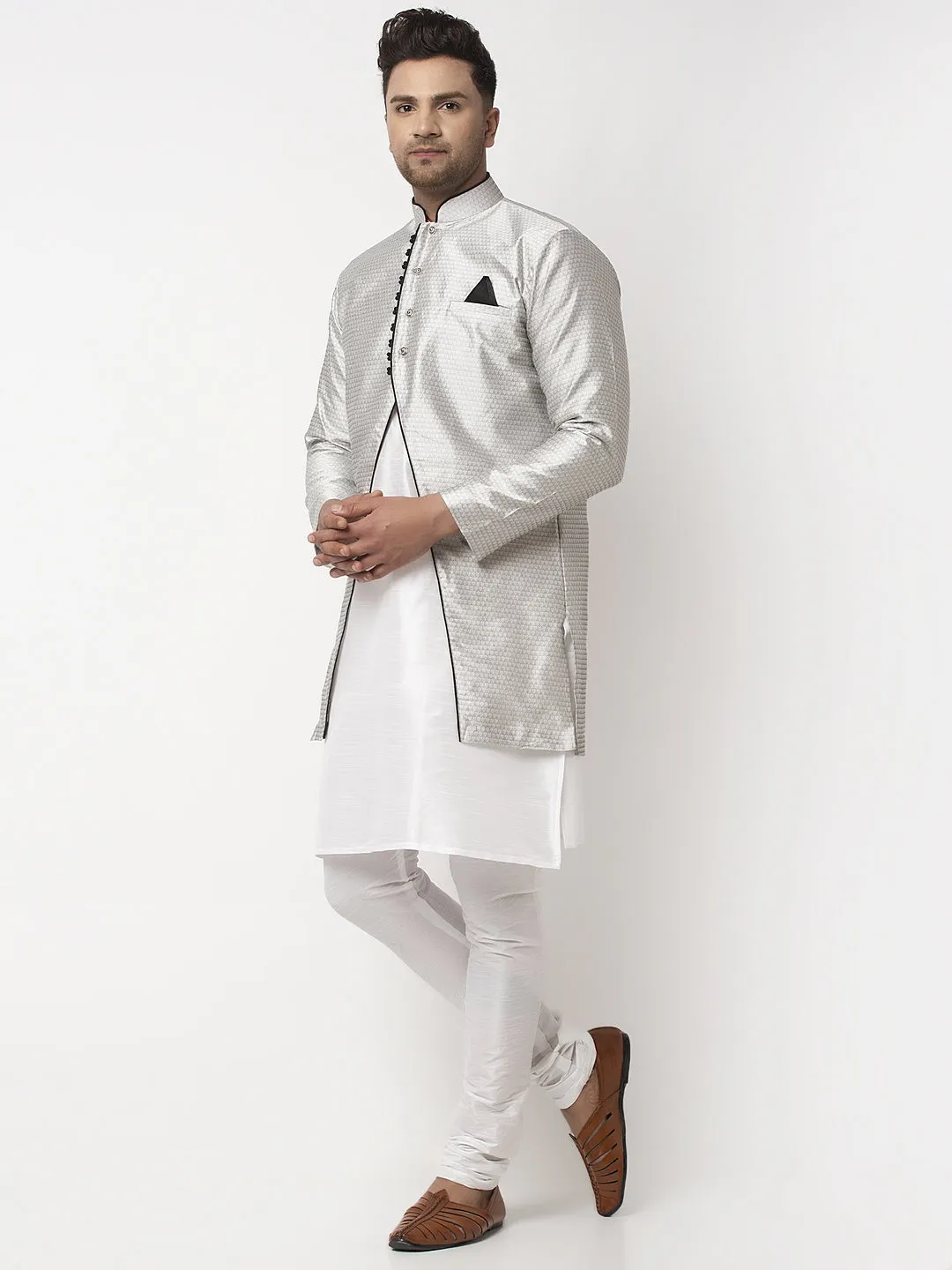 Men's White Kurta With Pyjama & Grey Self Design Jacket - Benstoke