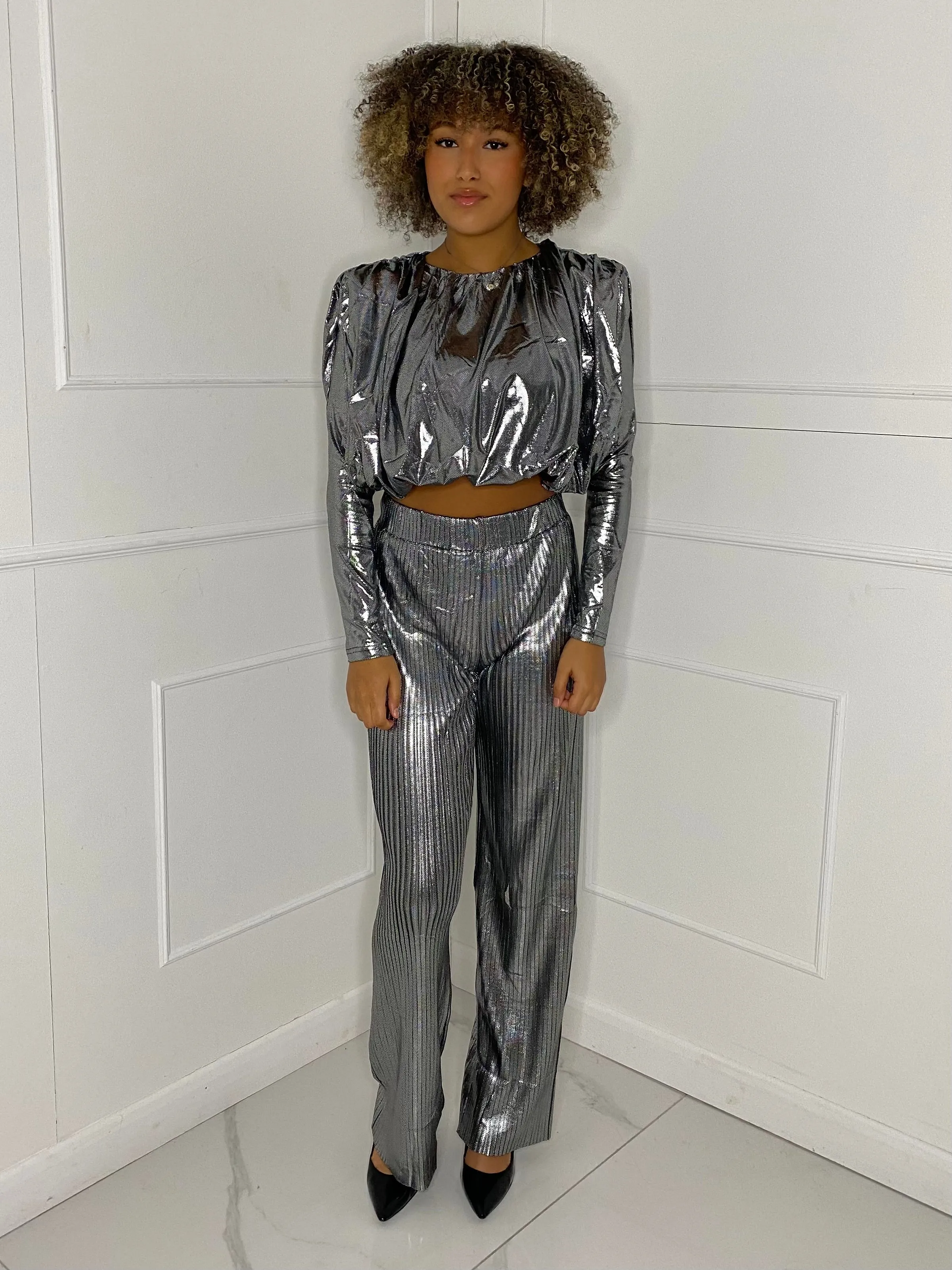 Metallic Look Top & Flares Co-Ord - Silver