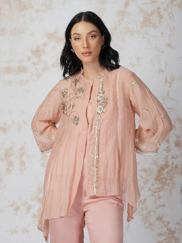 Natural Pink Baroque Work Chanderi Shirt Set (Set of 3)