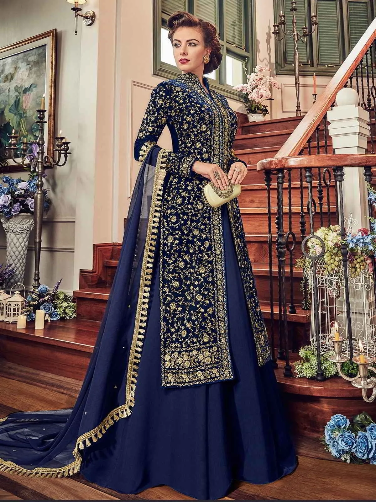 Navy Blue All Embroidered Jacket Style Anarkali Suit