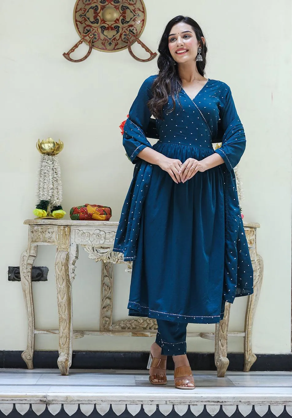 Navy Blue Embroidered Angrakha Kurta Set With Trouser and Dupatta