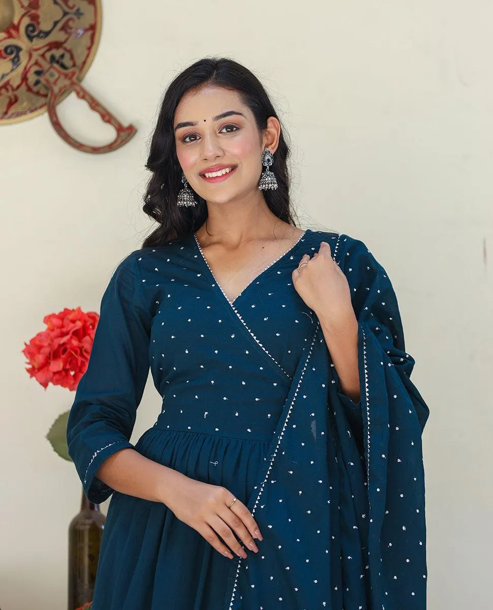 Navy Blue Embroidered Angrakha Kurta Set With Trouser and Dupatta